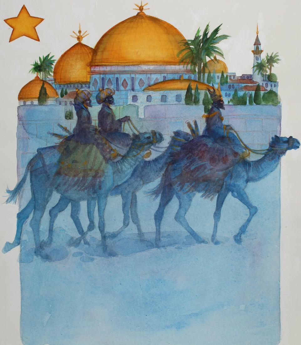 Tom McNeely (B. 1935) "Three Wise Men": Tom McNeely (Canadian, B. 1935) "Three Wise Men Traveling to Bethlehem" Signed and dated lower right. Original Watercolor. Provenance: Collection of James A. Helzer (1946-2008), Founder of Unicover Co