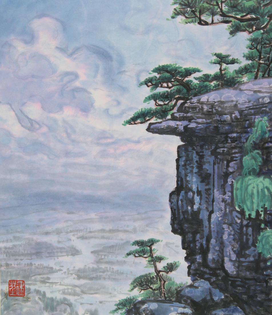 Wu Jiankun (B. 1938) "Dragon Head Cliff": Wu Jiankun (Chinese, B. 1935) "Dragon Head Cliff in Lushan Mountains" Stamped lower left. Original Mixed Media painting on Rice Paper Glued to Heavy Paper. Provenance: Collection of James A. Helzer (1