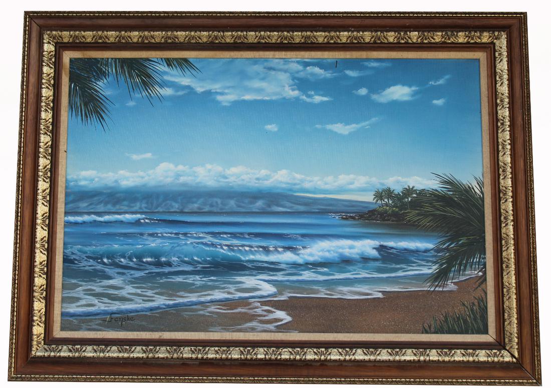 Fenske, Hawaiian Coastal Painting with Palm Trees: Fenske, Hawaiian Coastal Painting with Palm Trees. Oil on canvas. Signed and dated lower left. 20th century. Sight Size: 20 x 30 in. Overall Framed Size: 27 x 37 in.