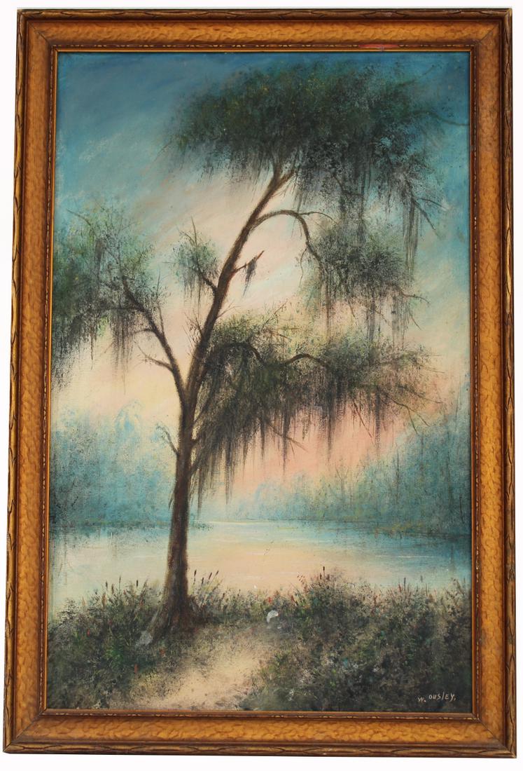 Willie C Ousley (Louisiana, 1866-1953): Willie C Ousley (Louisiana, 1866-1953) Oil on canvas painting of The Old Tree at Ousley's Landing at Bagdad Louisiana. Inscribed verso. Signed lower right. Sight Size: 24 x 15 in. Overall Framed Size: