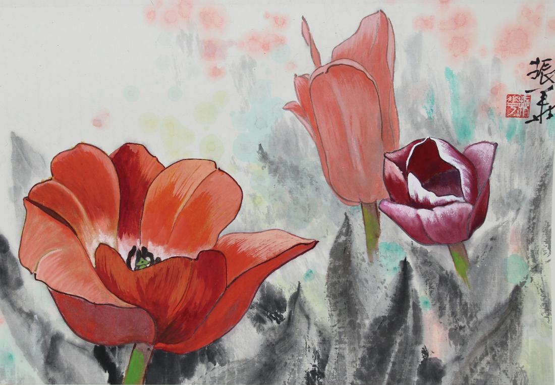 Zhenhua Wang (Chinese, 20th C.) "Red Tulips": Zhenhua Wang (Chinese, 20th C.) "Red Tulips" Signed and stamped middle right. Watercolor on Rice Paper. Provenance: Collection of James A. Helzer (1946-2008), Founder of Unicover Corporation. This art