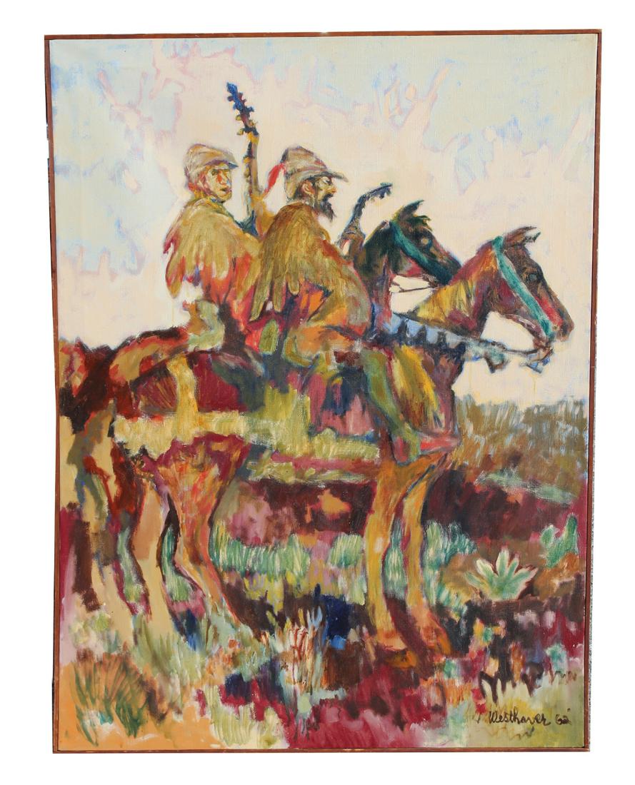 Ken Westhaver (born 1937): Ken Westhaver (born 1937) 1962 painting of figures on horseback. Signed and dated lower right. Oil on Canvas. Overall Size: 40.5 x 30.5 in.
