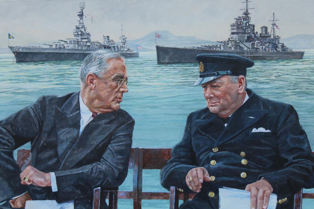 Brian Sanders (B. 1937) "Roosevelt & Churchill": Brian Sanders (British, B. 1937) "Franklin Roosevelt and Winston Churchill" Original Oil on Canvas painting. Provenance: Collection of James A. Helzer (1946-2008), Founder of Unicover Corporation. Thi