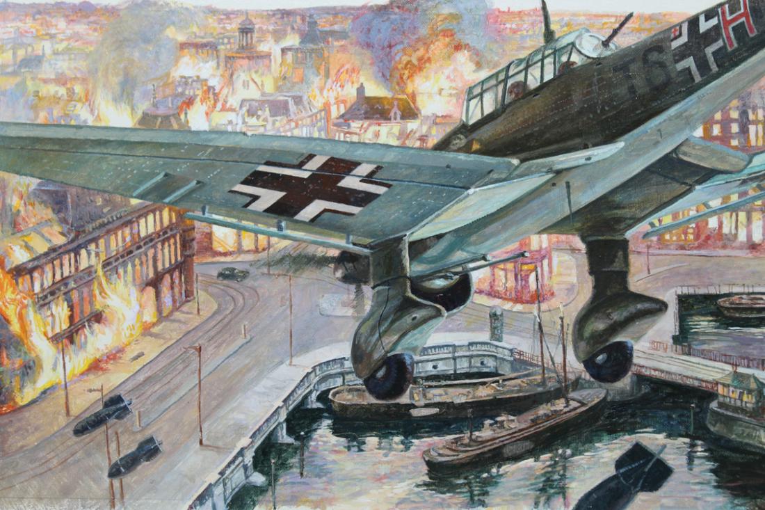 Brian Sanders (B. 1937) Invasion of Low Countries: Brian Sanders (British, B. 1937) "Invasion of the Low Countries" Original Oil on Canvas Board painting. Provenance: Collection of James A. Helzer (1946-2008), Founder of Unicover Corporation. Image Si