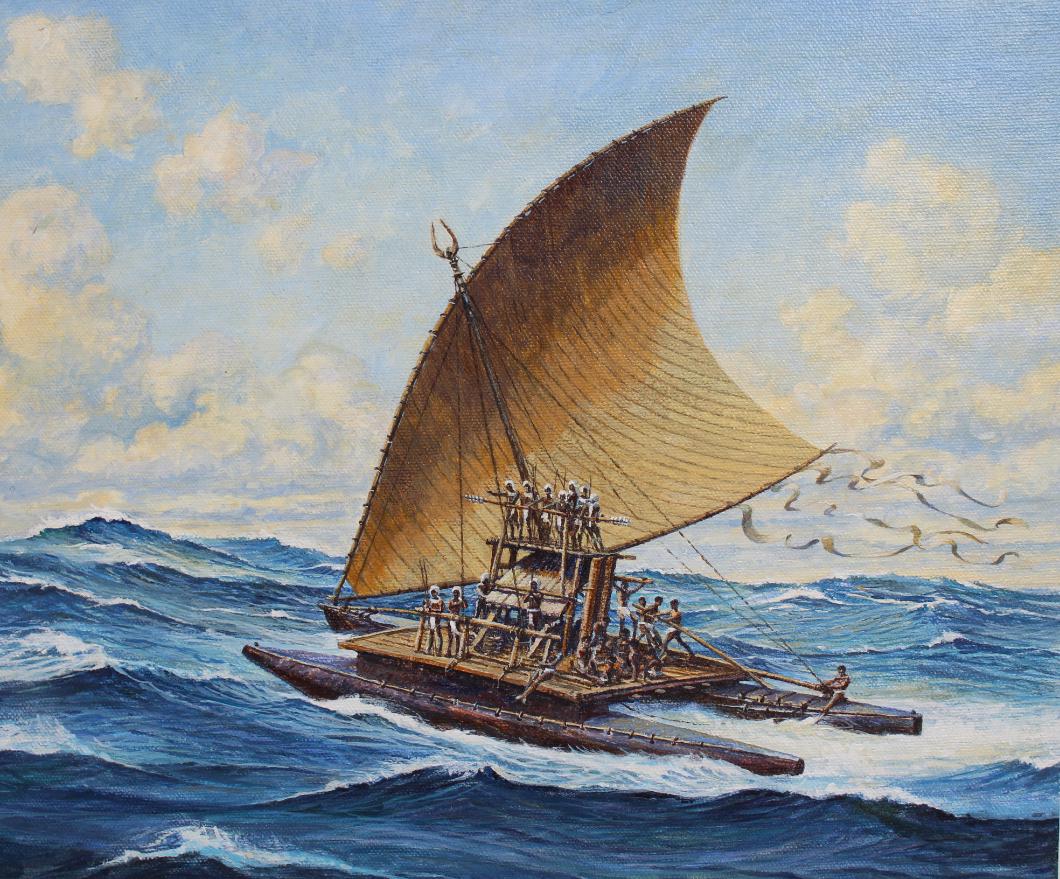 Brian Sanders (B. 1937) "Fijian Ndrua": Brian Sanders (British, B. 1937) "Fijian Ndrua" original Oil on Masonite painting. Provenance: Collection of James A. Helzer (1946-2008), Founder of Unicover Corporation. This painting was published o