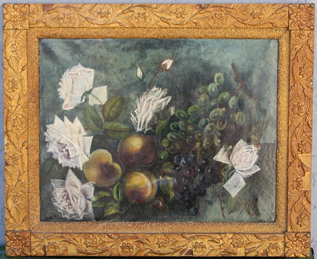 19th C. Still Life Painting: 19th C. Still Life Painting. Oil on Canvas. Appears to be unsigned. Signs of repair to canvas. Sight Size: 14 x 18 in. Overall Size: 18.5 x 22.5 in.
