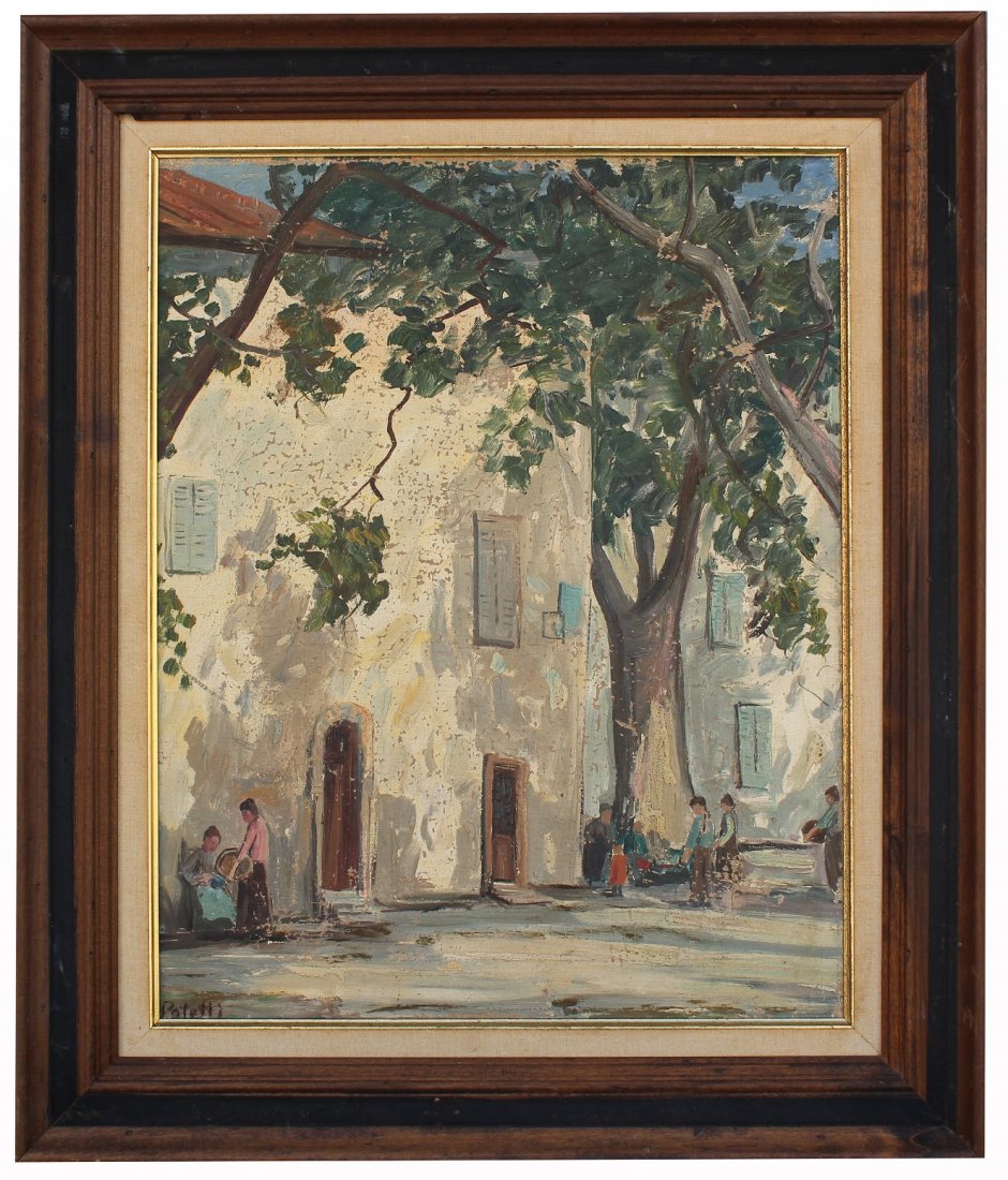 American School, Figures Under a Tree. Signed: American School, Figures Under a Tree. Signed Indistinctly lower left. 20th century. Oil on canvas. Sight Size: 20 x 16 in. Overall FramedSsize: 25 x 22 in.