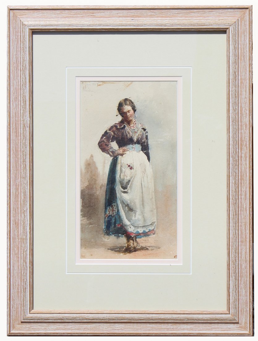 Signed, 1868 Italian School Watercolor of a Woman: Signed, 1868 Italian School Watercolor of a woman. Indistinctly signed upper left. Sight size: 9.5 x 5.25 in. Overall framed size:18 x 13.25 in. Framed behind glass.