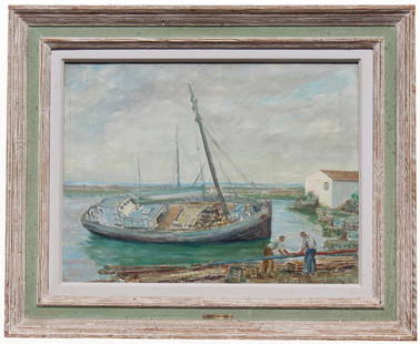 Pierre Philippe Bertrand (1884 - 1975): Pierre Philippe Bertrand (France, 1884 - 1975) Painting of figures in a boatyard. Inscribed "...Clichy" verso. Original Palm Beach Gallery label verso. Signed lower right. Oil on Canvas. Sight Size: 1