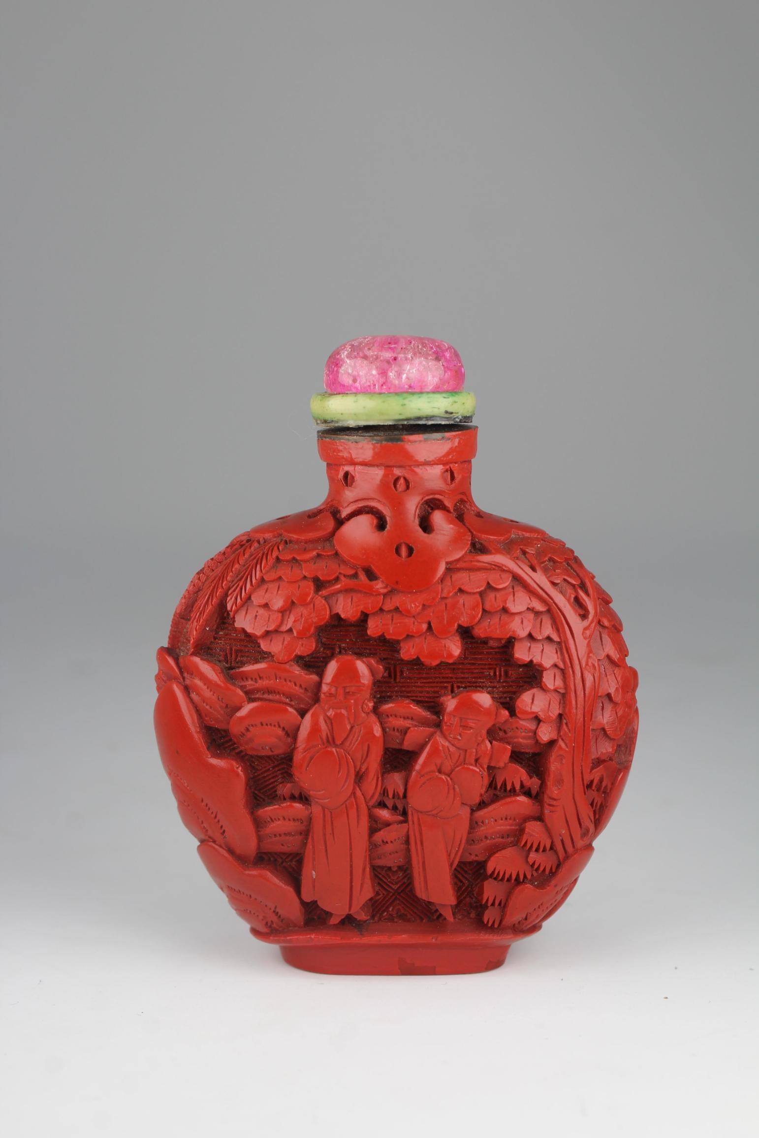 19th C. Chinese Carved Cinnabar Snuff Bottle (1 of 12)