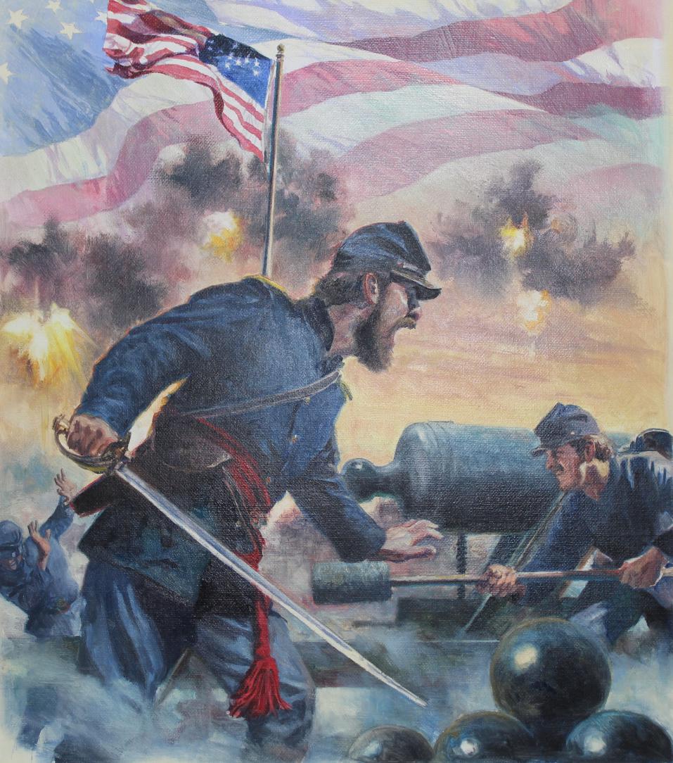 Dennis Lyall (B. 1946) "Flag Attacked Fort Sumter": Dennis Lyall (American, American, B. 1946) "Flag Attacked At Fort Sumter" Signed lower middle. Oil on Canvas painting. Provenance: Collection of James A. Helzer (1946-2008), Founder of Unicover Corpor