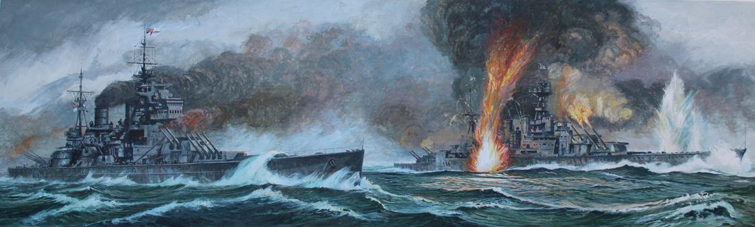 Brian Sanders (B. 1937) "Sinking of HMS Hood": Brian Sanders (British, B. 1937) "Sinking of HMS Prince of Wales & HMS Hood " Original Oil on Canvas. Provenance: Collection of James A. Helzer (1946-2008), Founder of Unicover Corporation. This paint