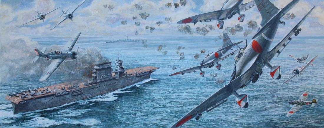 Brian Sanders (B. 1937) "Battle of the Coral Sea": Brian Sanders (British, B. 1937) "Battle of the Coral Sea" Oil on Canvas. Provenance: Collection of James A. Helzer (1946-2008), Founder of Unicover Corporation. This artwork originally appeared on th