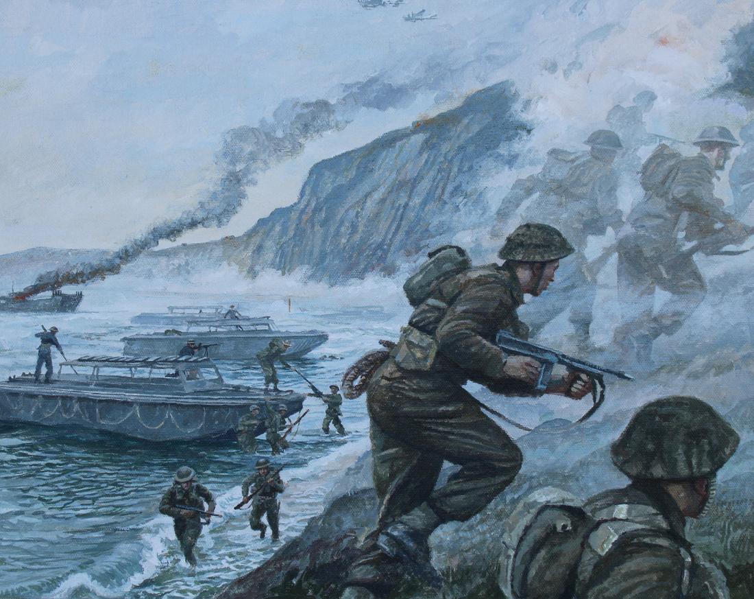 Brian Sanders (B. 1937) "Dieppe Raid": Brian Sanders (British, B. 1937) "Dieppe Raid" Original oil on Canvas. Provenance: Collection of James A. Helzer (1946-2008), Founder of Unicover Corporation. Image Size: 13.25 x 16.25 in. Overall Siz