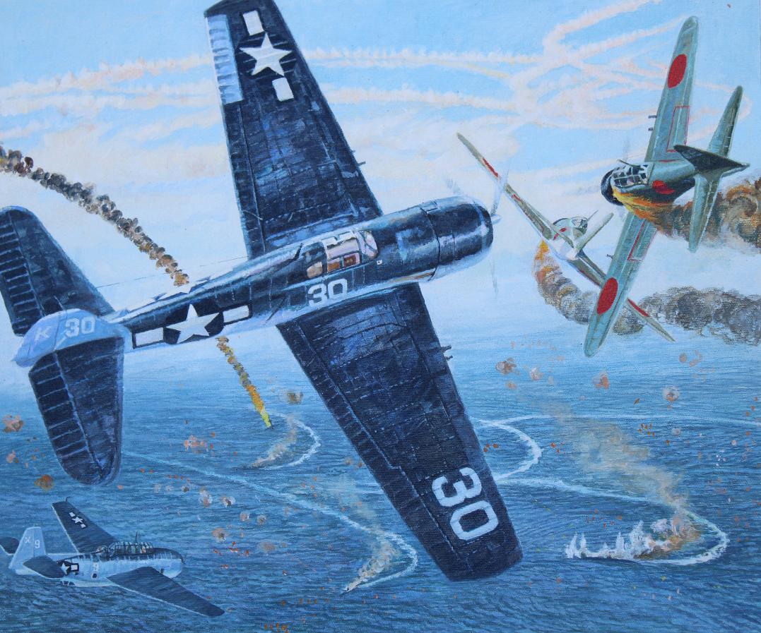 Brian Sanders (B. 1937) "Battle - Philippine Sea": Brian Sanders (British, B. 1937) "First Battle of the Philippine Sea" Oil on Canvas. Provenance: Collection of James A. Helzer (1946-2008), Founder of Unicover Corporation. This painting originally ap