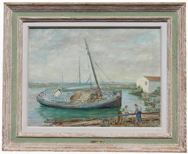 Pierre Philippe Bertrand (1884 - 1975): Pierre Philippe Bertrand (France, 1884 - 1975) Painting of figures in a boatyard. Inscribed "..Clichy" verso. Original Palm Beach Gallery label verso. Signed lower right. Oil on Canvas. Sight Size: