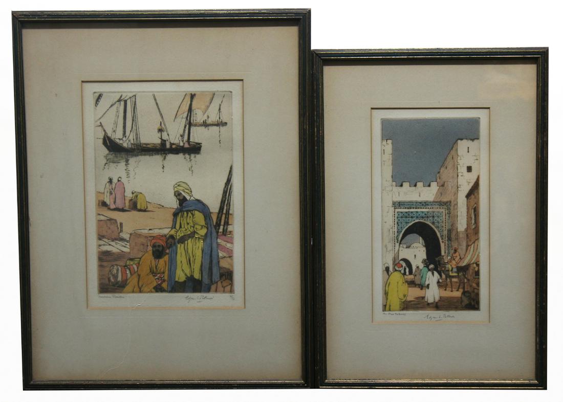 (2) Edgar Patterson Orientalist Colored Etchings: (2) Edgar Patterson Orientalist Colored Etchings. One titled "Eastern Traders", and the other titled "The Blue Gateway". Both pencil signed and titled in lower margin. Image Sizes: 8.75 x 5.75 / 8.25 