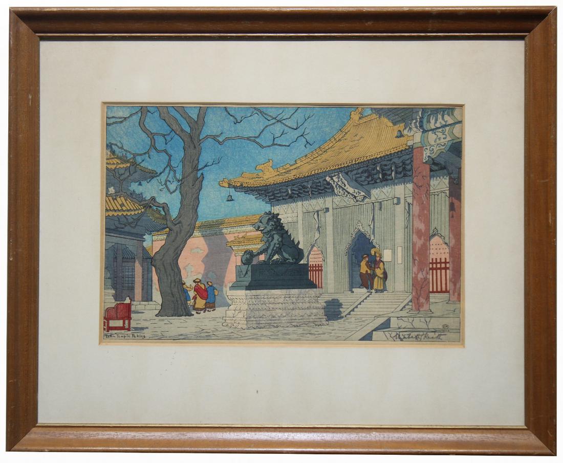 Elizabeth Keith (UK, Japan, Scotland, 1887-1956): Elizabeth Keith (UK, Japan, Scotland, 1887-1956) "Temple Peking" woodblock. Titled lower left, signed lower right. Image Size: 9.25 x 14 in. Overall Size: 18 x 22 in.