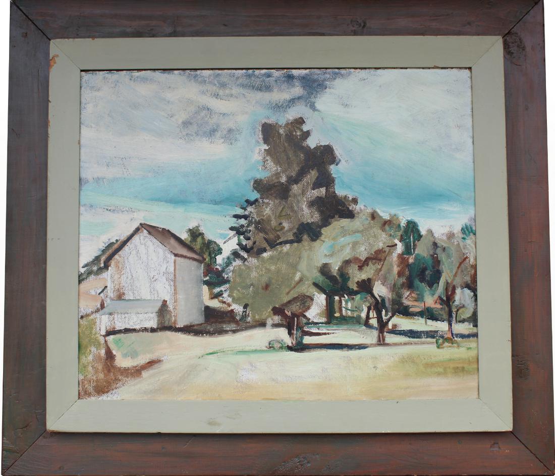 Fiske Boyd (NH, NJ1895 - 1975): Fiske Boyd (New Hampshire, New Jersey, 1895 - 1975) Oil on board painting of a landscape with a house. Signed and dated 1934 lower right. Sight Size: 19 x 23 in. Overall Framed Size: 29.5 x 33.5 in.