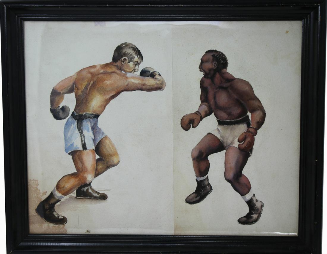 WPA Style Watercolor of Two Boxers: WPA Style Watercolor of Two Boxers. Appears to be unsigned, has not been exmined out of frame. Sight Size: 15 x 19.5 in. Overall Size: 18.5 x 22.5 in. Framed behind glass.