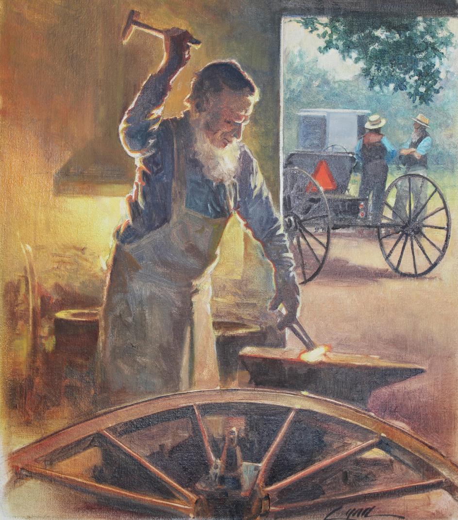 Dennis Lyall (B. 1946) "Amish Blacksmith": Dennis Lyall (American, B. 1946) "Amish Blacksmith" Signed lower right. Oil on Canvas painting. Provenance: Collection of James A. Helzer (1946-2008), Founder of Unicover Corporation. This painting wa