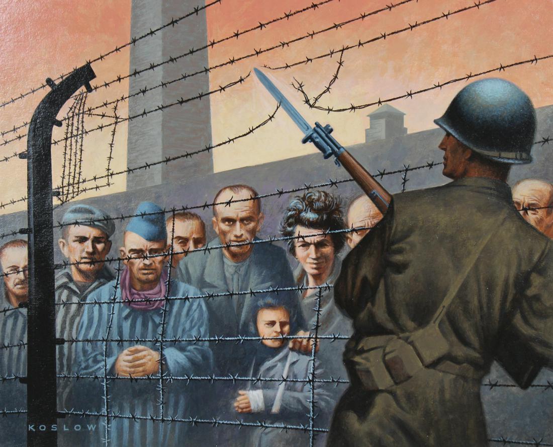 Howard Koslow (1924 - 2016) "Camps Liberated": Howard Koslow (American, 1924 - 2016) "Concentration Camps Liberated" Signed lower left. Original Acrylic on Illustration Board Painting. Provenance: Collection of James A. Helzer (1946-2008), Founder