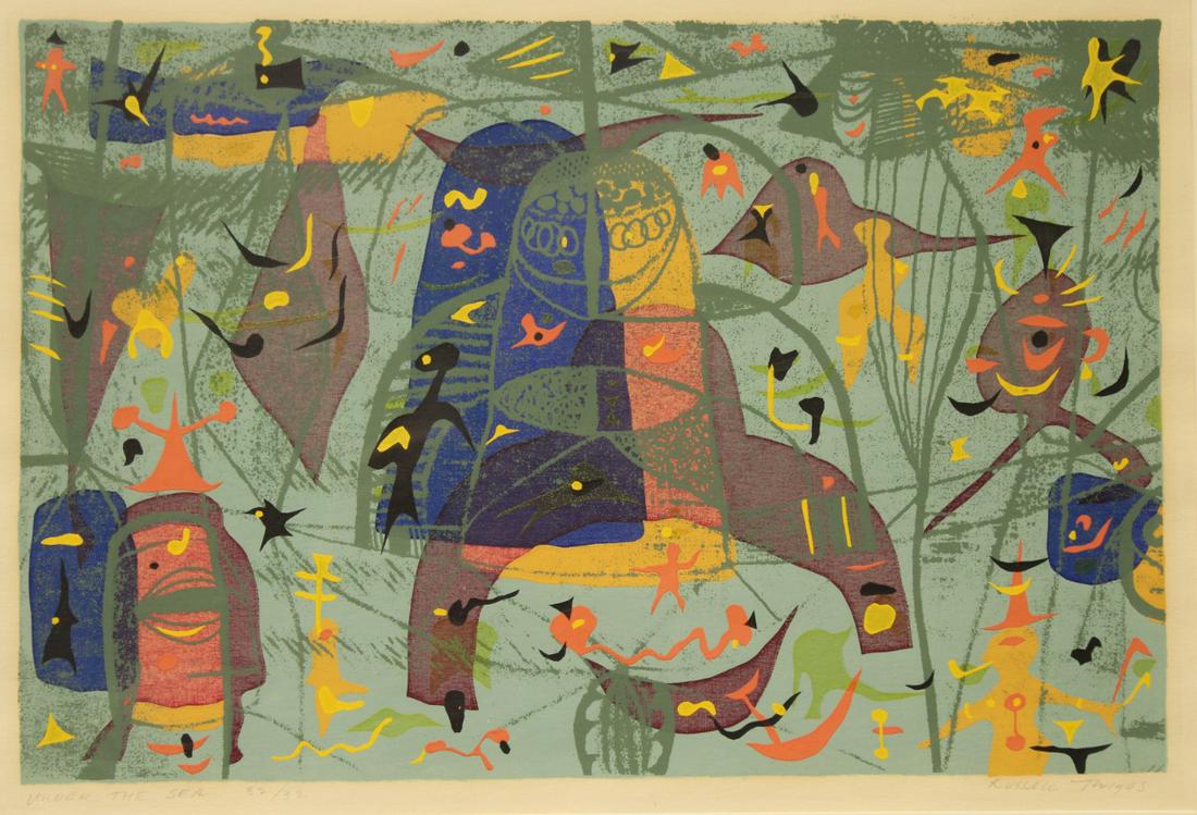 Russell Twiggs (American, 1898 - 1991) Serigraph: Russell Twiggs (American, 1898 - 1991) Serigraph in Colors. Pencil signed lower right. Titled "Under the Sea" and numbered (32/32) lower left. Sight Size: 9 x 13 in. Overall Size: 16.75 x 21 in. Frame