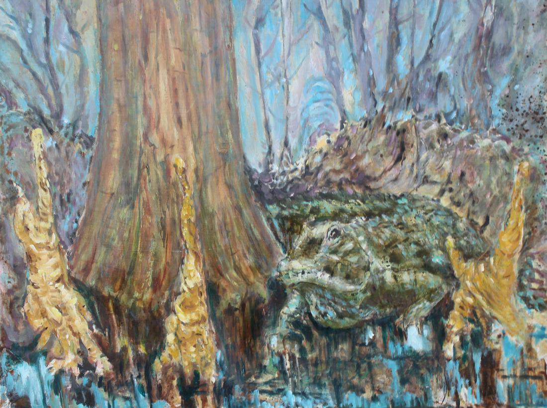 Signed, Florida Swamp with Alligator Painting: Signed, Florida Swamp with Alligator Painting. Oil on board. Indistinctly signed lower right. Size: 23.5 x 30 in. Unframed.