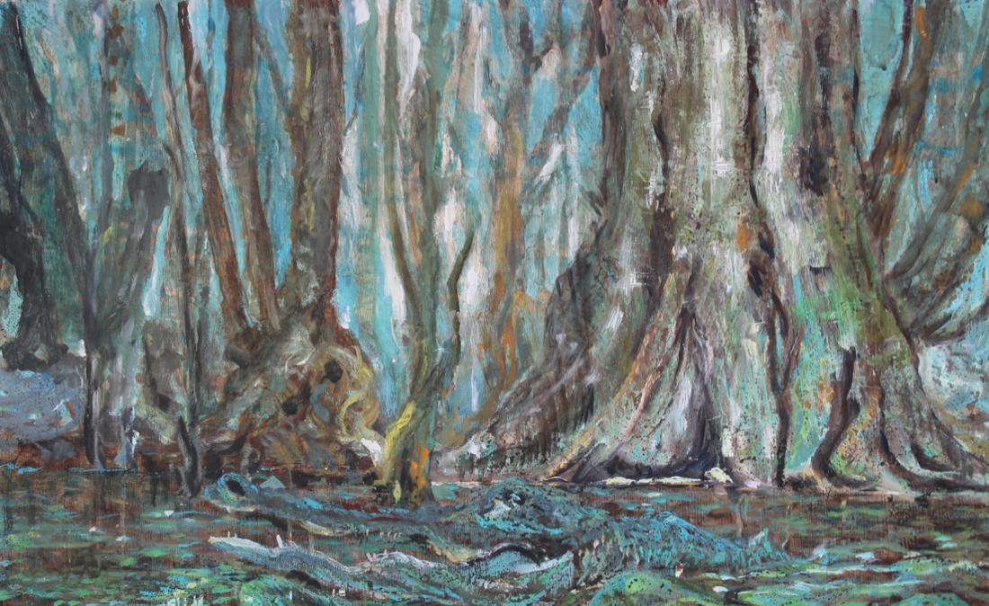 Florida Swamp with Alligator Painting: Florida Swamp with Alligator Painting. 20th C. Oil on board. Appears to be unsigned. Size: 18 x 30 in. Unframed.