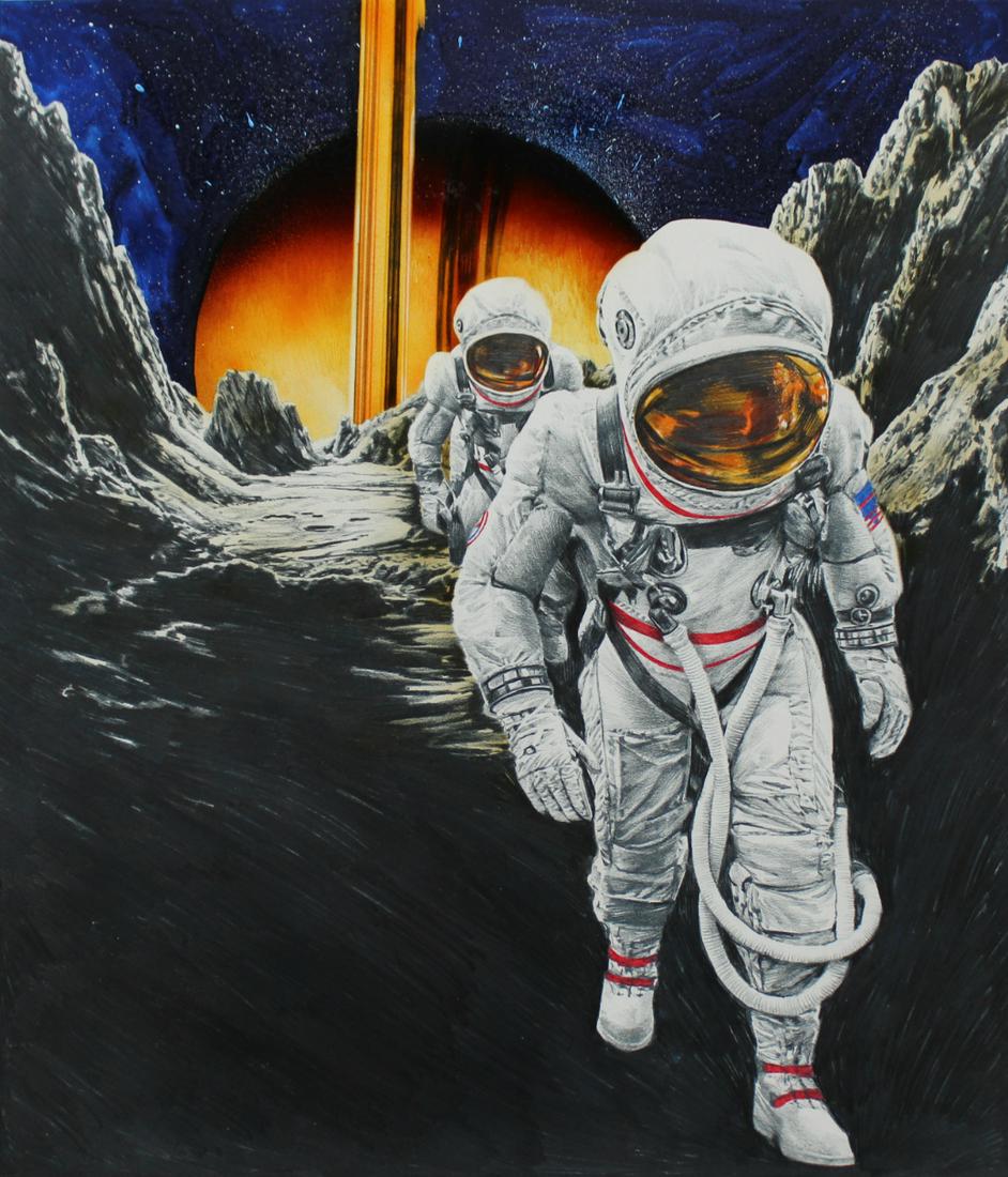 Chris Calle (B 1961) "Blue Planet Space Explorers": Chris Calle (American, B. 1961) "Blue Planet Space Explorers" Signed lower right. Original Mixed Media on Illustration Board painting. Provenance: Collection of James A. Helzer (1946-2008), Founder of