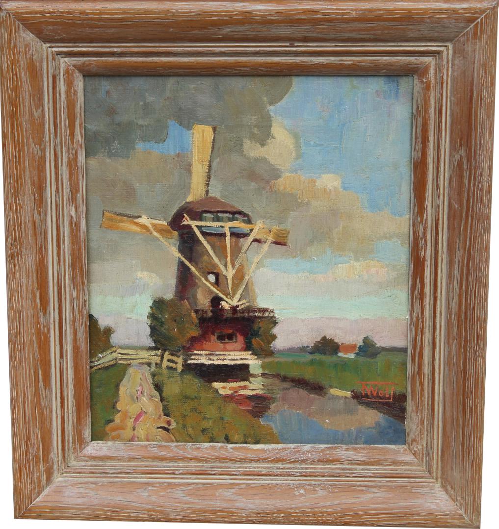 Signed, 20th C. Painting of Windmill Near River (1 of 3)