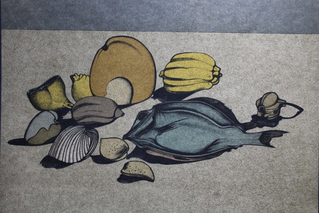 Mihail Chemiakin "Nature Morte w/ Fish" (49/78): Mihail Chemiakin (New York, Russia born 1943) "Nature Morte w/ Fish" Color Lithograph on Japan paper. Numbered (49/78) lower left. Signed lower right. Chemiakin's work is in the permanent collections