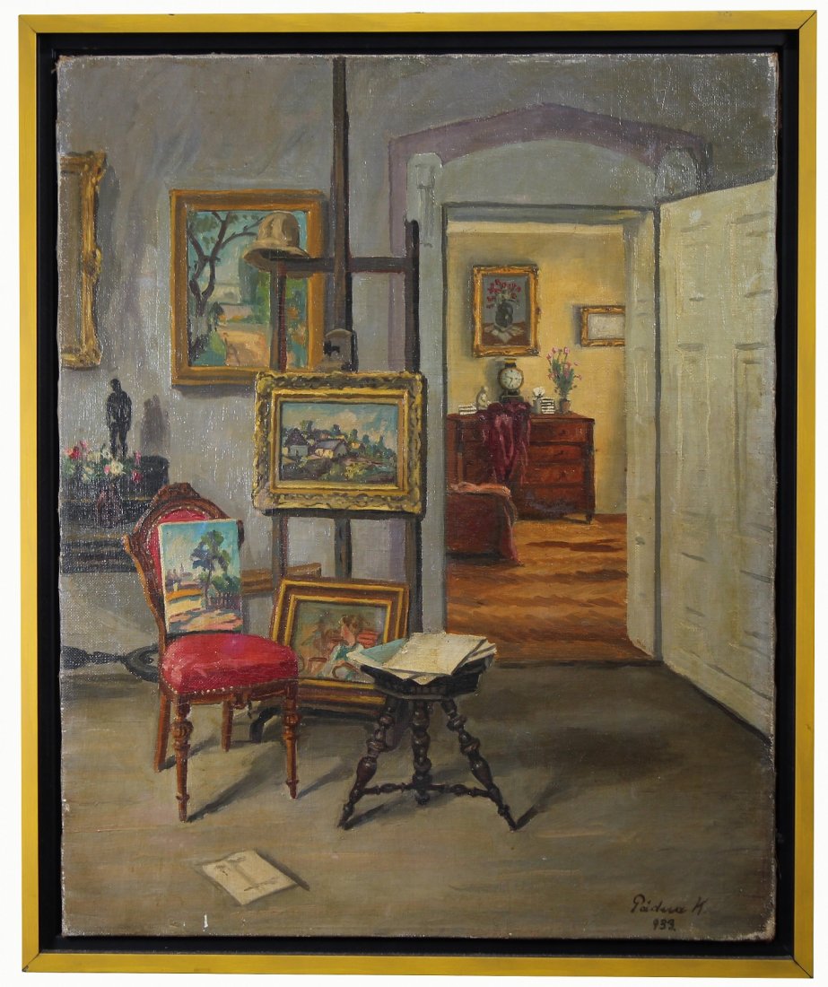 Signed, 1933 Interior Oil on Canvas Painting (1 of 4)