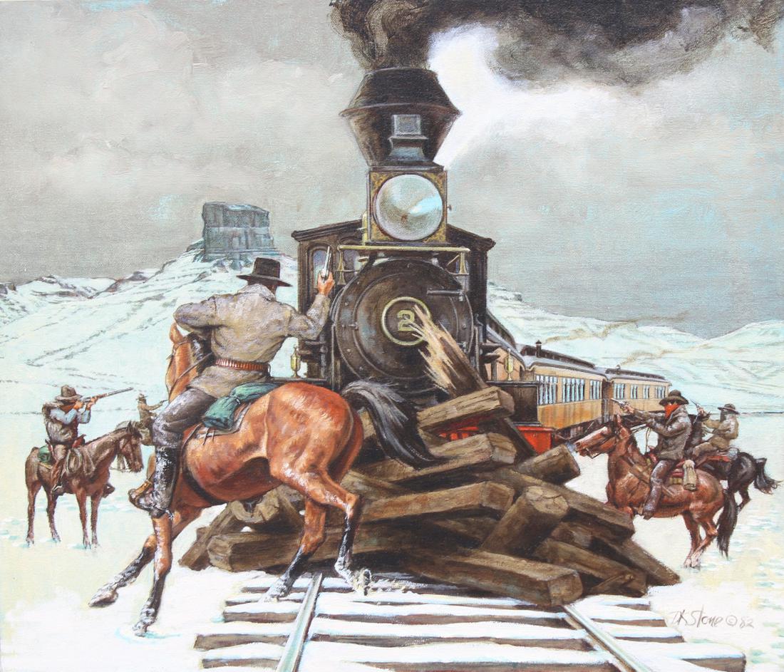 David K. Stone (1922 - 2001) "Train Robbery": David K. Stone (American, 1922 - 2001) "Train Robbery" Signed and dated ('82) lower right. Original Oil painting on Canvas. Provenance: Collection of James A. Helzer (1946-2008), Founder of Unicover C