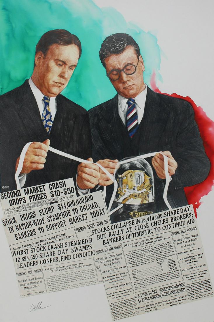Paul & Chris Calle "1920s - Stock Market Crash": Paul Calle (1928 - 2010) and Chris Calle (B. 1961) "1920s - Stock Market Crash". Signed lower right. Original Mixed Media painting on Illustration Board. Provenance: Collection of James A. Helzer (194