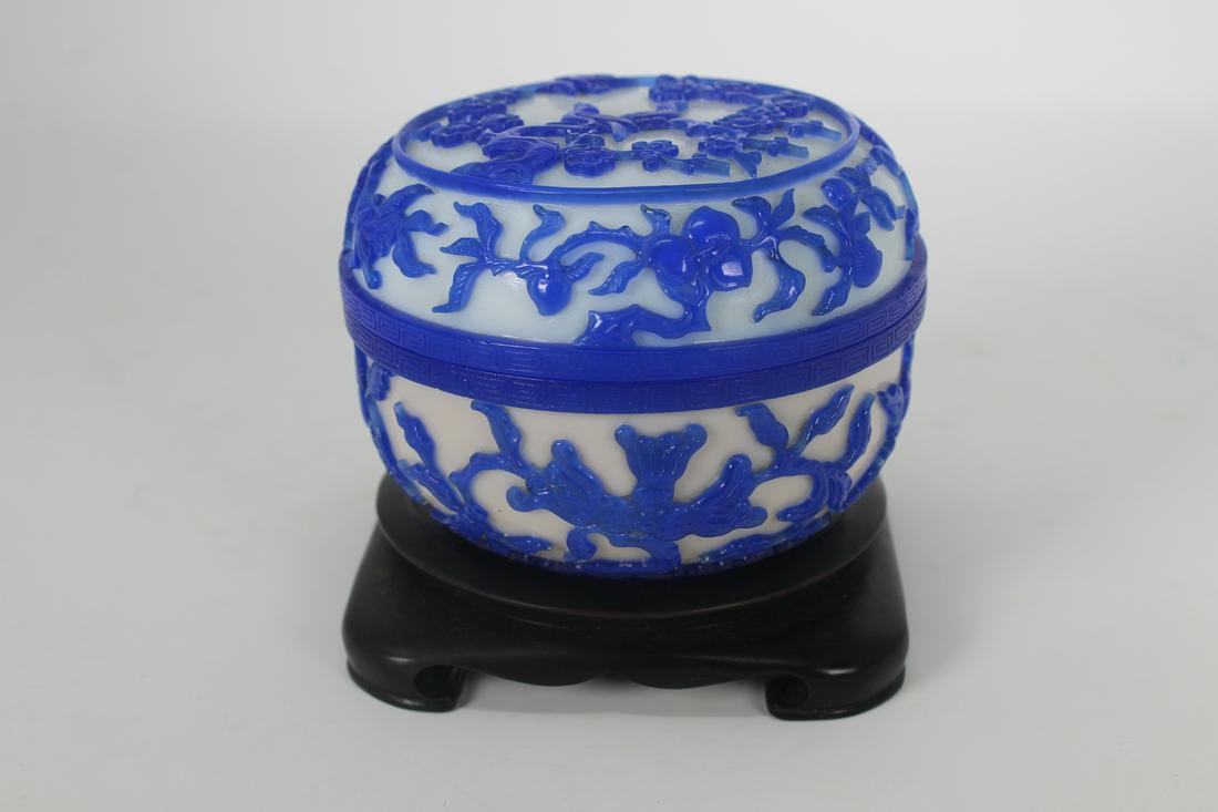 Qing, Chinese Covered Beijing Glass Box: Qing, Chinese Covered Beijing Glass Box on Wood Stand. Width: Approx 4 in.