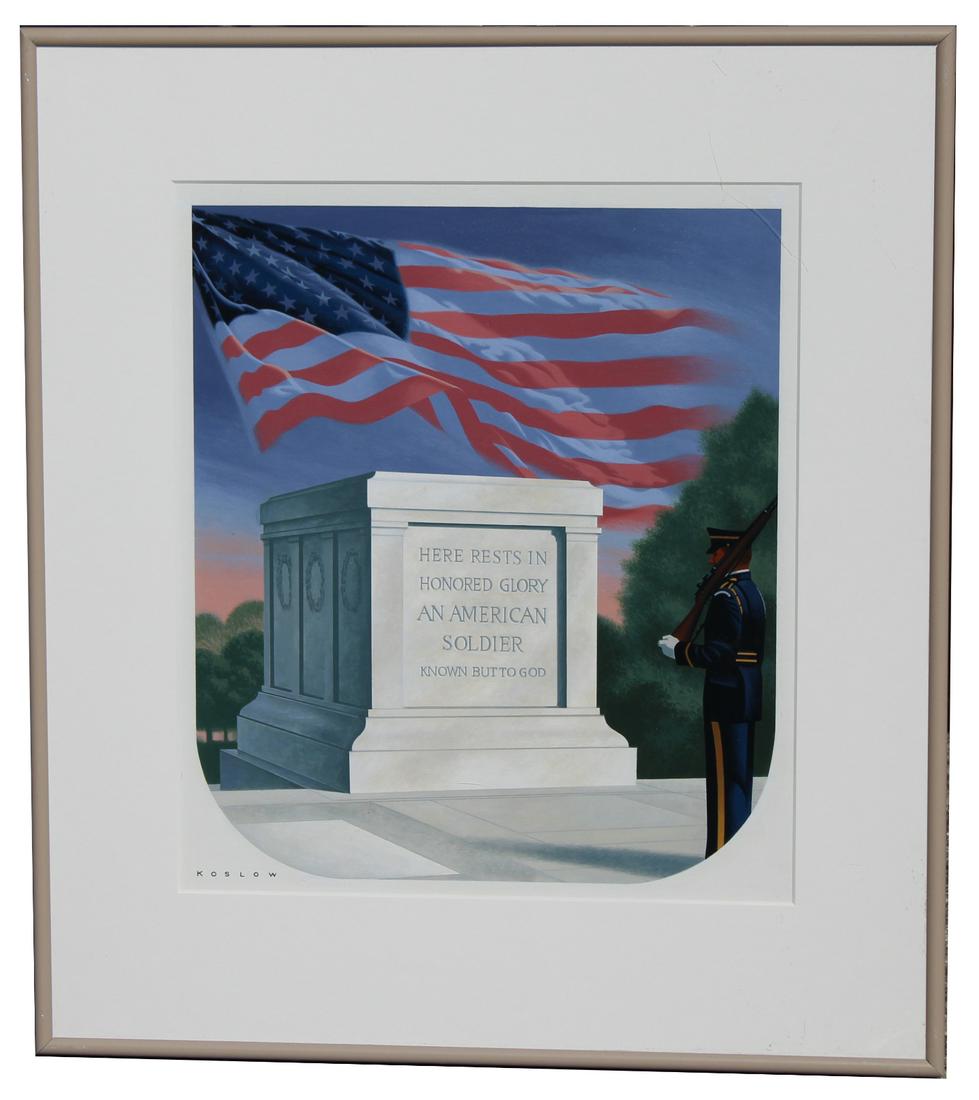 Howard Koslow (1924 - 2016) "Tomb of the Unknowns": Howard Koslow (1924 - 2016) "Tomb of the Unknowns" Signed lower left. Acrylic painting on Illustration Board. Provenance: Collection of James A. Helzer (1946-2008), Founder of Unicover Corporation. Th