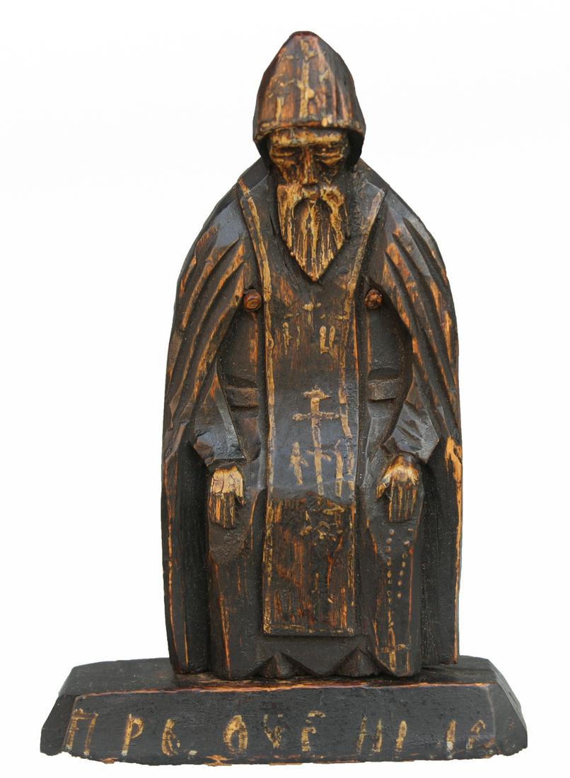 19th C. Carved Statuette of St. Nil: 19th C. Carved Statuette of St. Nil. Carved wood with remnants of tempera. Height: 7 in.