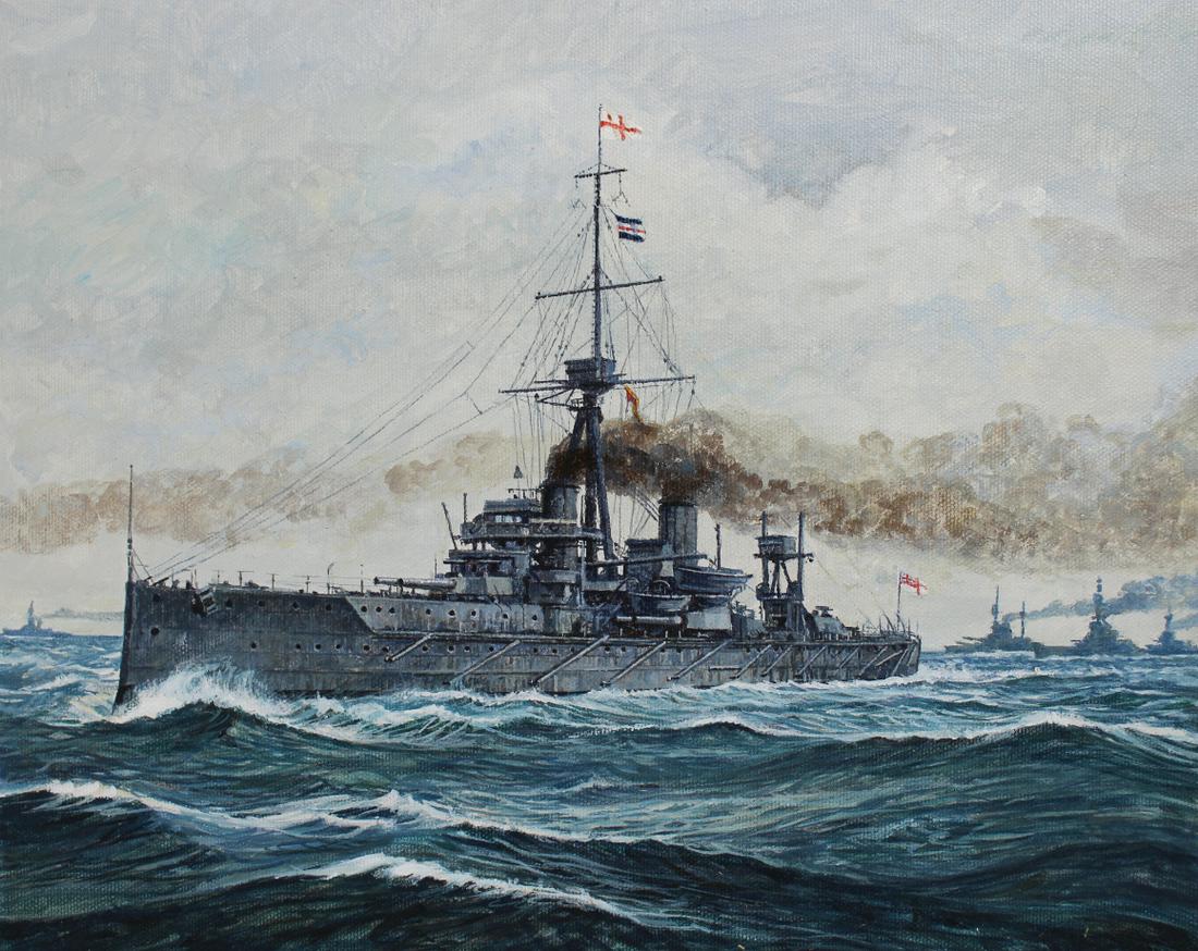 Brian Sanders (B. 1937) "HMS Dreadnought": Brian Sanders (British, B. 1937) "Fijian Ndrua" Signed lower right. Original Oil painting on Masonite. Provenance: Collection of James A. Helzer (1946-2008), Founder of Unicover Corporation. This pain