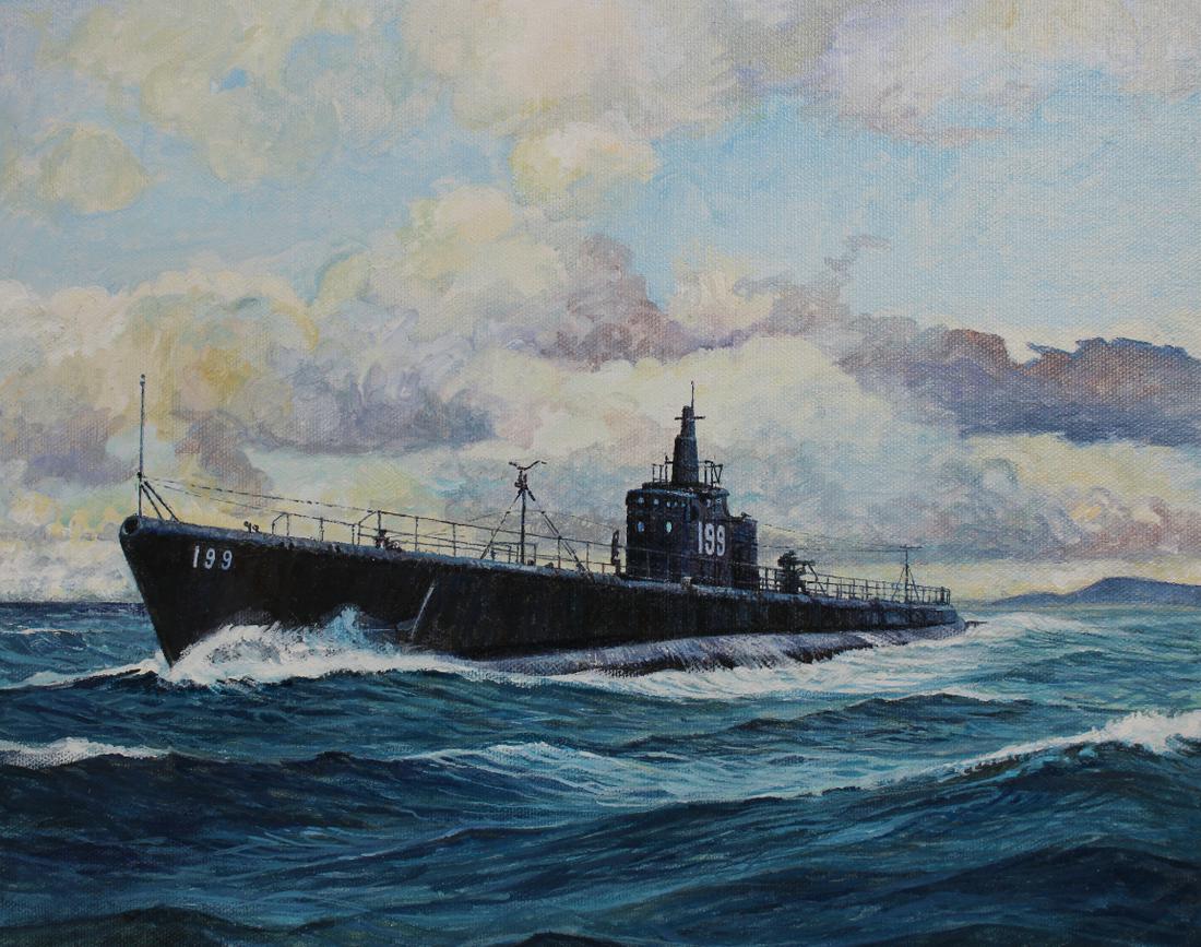 Brian Sanders (B. 1937) "USS Tautog": Brian Sanders (British, B. 1937) "USS Tautog" Original Oil painting on Masonite. Provenance: Collection of James A. Helzer (1946-2008), Founder of Unicover Corporation. This painting was published on