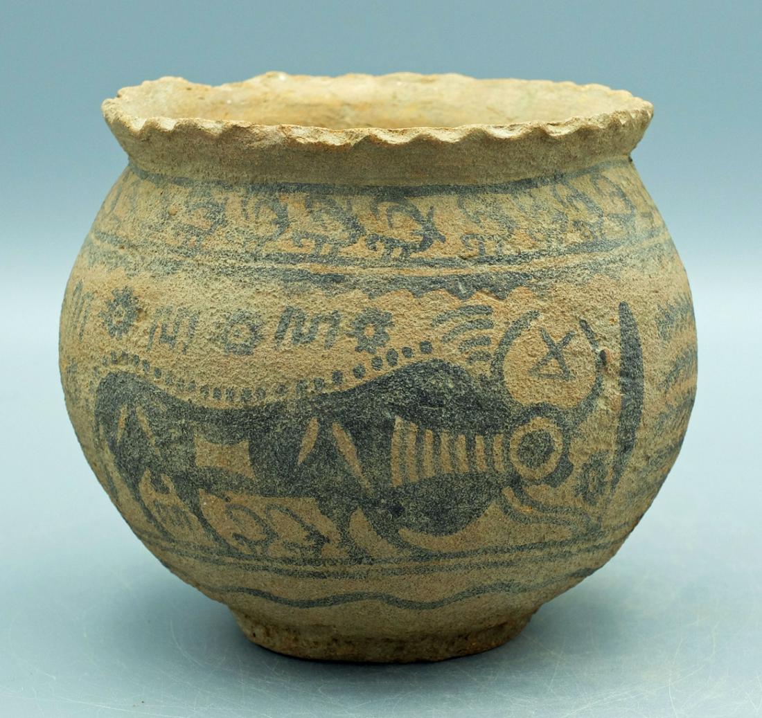 Harappan Jar - Indus Valley, ca. 2500 - 1800 BC: A beautiful Harappan jar from the Indus Valley, ca. 2500 - 1800 BC. This great example is 4-1/4 high, 4-3/4 inches in diameter and is decorated with a pair of Brahma bulls separated by plants and surr