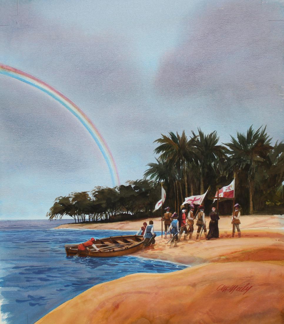 Tom McNeely (B. 1935) "Columbus Coming Ashore": Tom McNeely (Canadian, B. 1935) "Columbus Coming Ashore" Signed lower right. Watercolor. Provenance: Collection of James A. Helzer (1946-2008), Founder of Unicover Corporation. This painting was origi