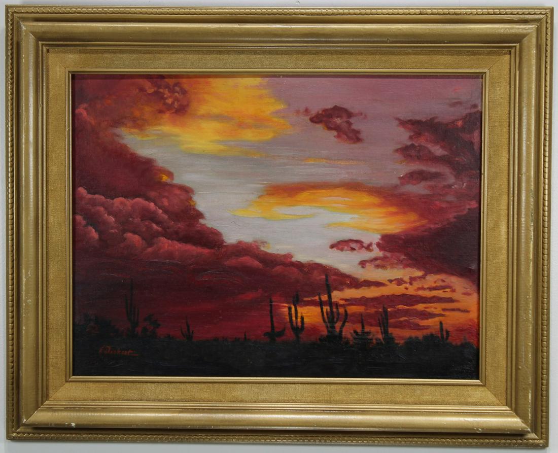 Deckert, " Desert Beauty After a Thunderstorm": Deckert, "Desert Beauty After a Thunderstorm" Oil on board painting. Signed lower left. Old label verso. Evelyn Deckert. Sight Size: 11.2 x 15.5 in. Overall Size: 16.75 x 20.75 in.