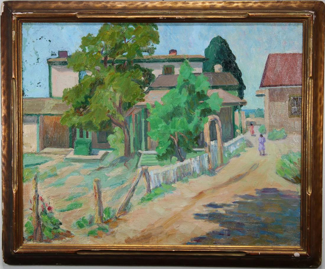 Laura Hoernig (Missouri, New Mexico, 1872 - 1957): Laura Hoernig (Missouri, New Mexico, 1872 - 1957) Southwest American Village Scene with Figures. Oil on canvas. Inscribed verso. Hoernig attended the Kansas City Art Institute in 1926 where she studie