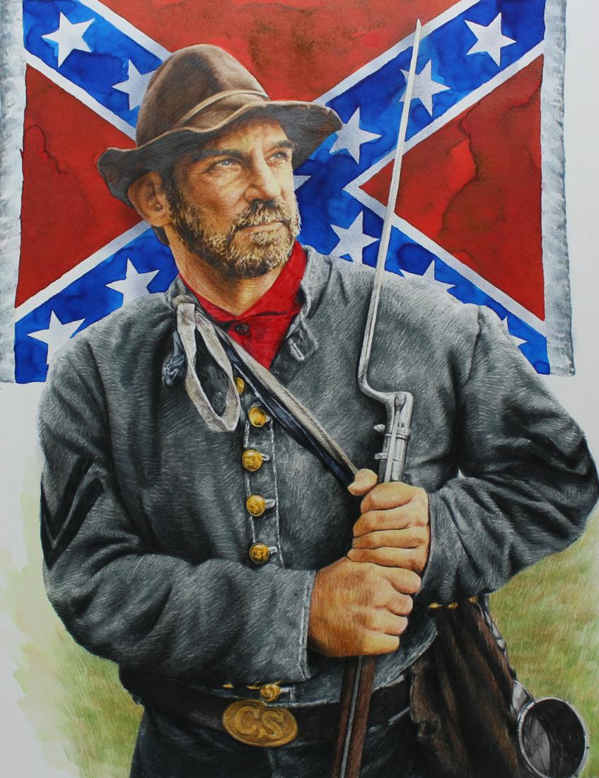 Chris Calle (B. 1961) "Civil War - Confederate": Chris Calle (American, B. 1961) "Civil War - Confederate Soldier" Signed lower right. Mixed Media on Illustration Board. Provenance: Collection of James A. Helzer (1946-2008), Founder of Unicover Corp