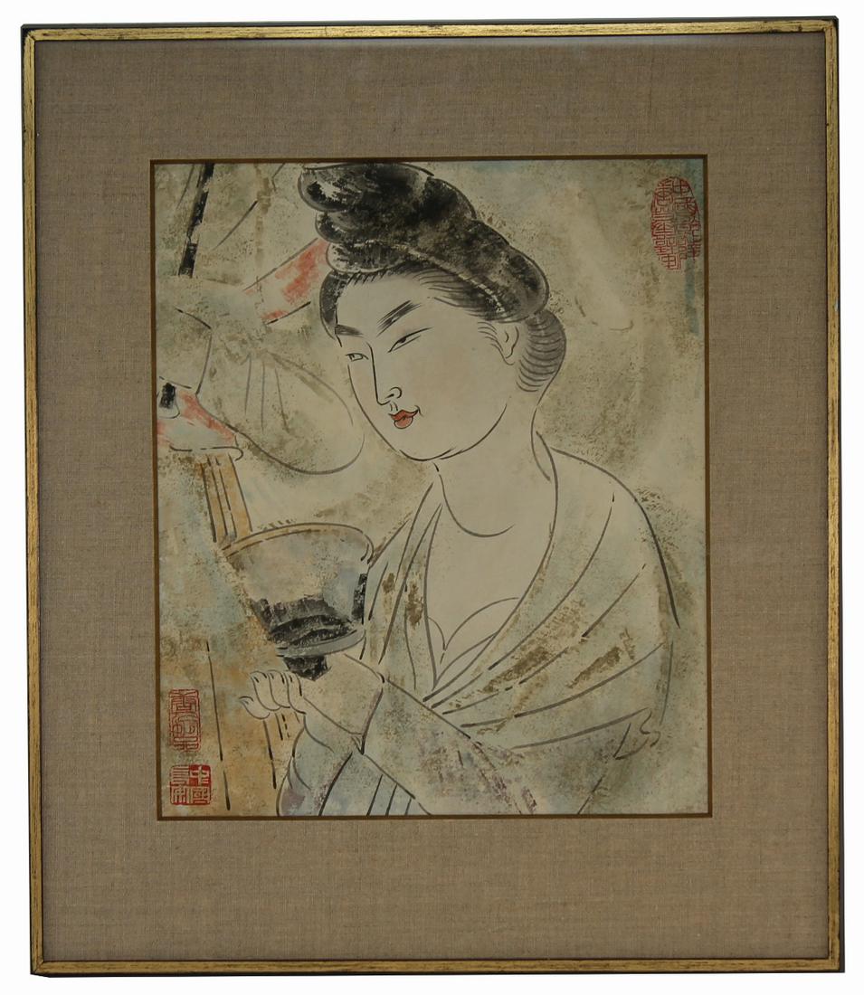 Chinese School, Signed Portrait of a Woman W/C: Chinese School, Signed Portrait of a Woman. Watercolor/gouache painting. With three artist seals. Sight Size: 12.75 x 10.5 in. Overall Framed Size: 18.5 x 16 in. Framed behind glass.