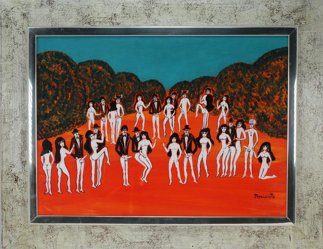 Nicola Poucette (France, 1935-2006): Nicola Ortis Poucette (France, 1935-2006) Original surrealist erotic painting. Oil on board. Signed lower right. Provenance: Private Longboat Key Florida estate. Sight Size: 9.5 x 13 in. Overall Frame
