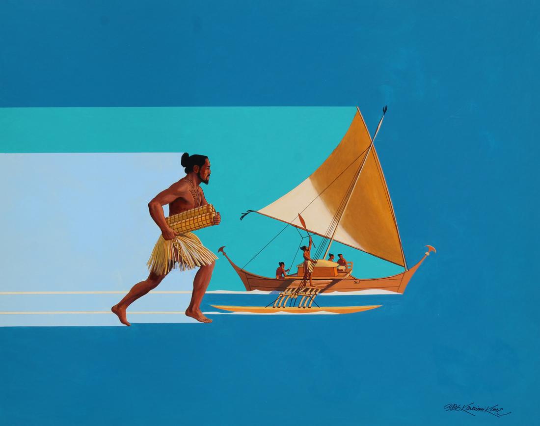 Herb Kawainui Kane (1928 - 2011): Herb Kawainui Kane (American, 1928 - 2011) "Traditional Marshallese Messenger" Signed lower right. Original Oil on Illustration Board. Comes with original sketch of stamp layout also. Provenance: Coll