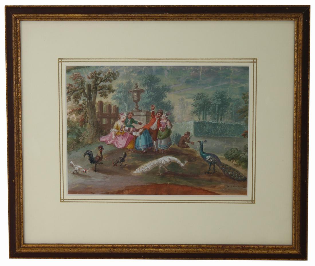 19th C. European School Watercolor Painting: 19th C. European School Watercolor Painting of Figures in a courtyard with animals, peacocks, Appears to be unsigned, has not been examined out of frame. Sight Size: 4.75 x 6.5 in. Overall Size: 9.25 