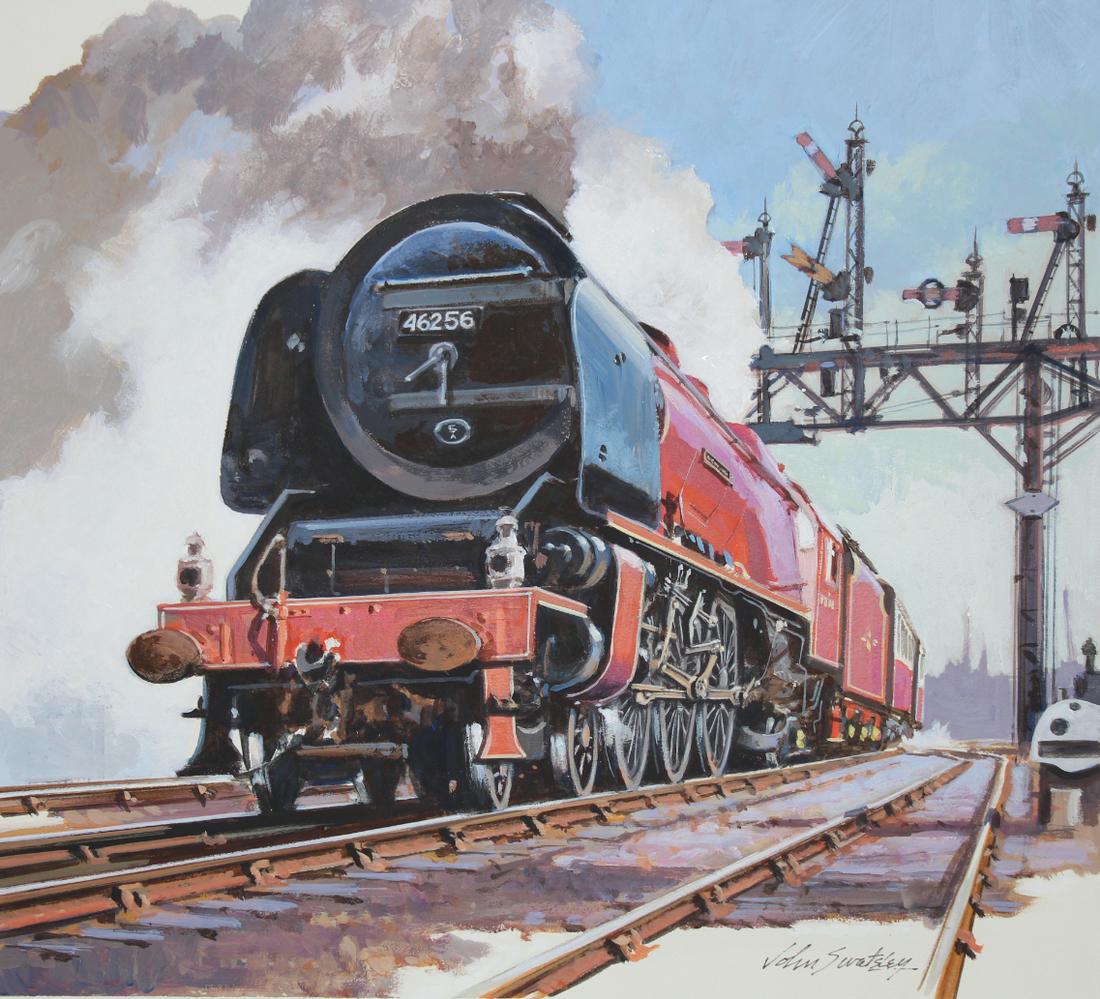 John Swatsley (B. 1937)"Princess Coronation Class": John Swatsley (American, B. 1937) "Princess Coronation Class Locomotive" Signed lower right. Original Oil painting on Illustration Board. This painting was originally published on the Fleetwood Mint S